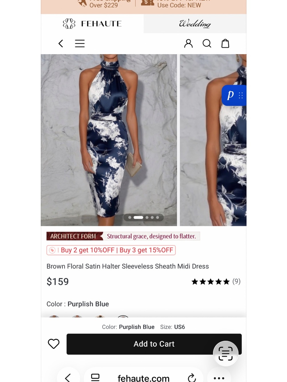 FEHAUTE Purplish Blue Floral Satin Halter Sheath Midi Dress